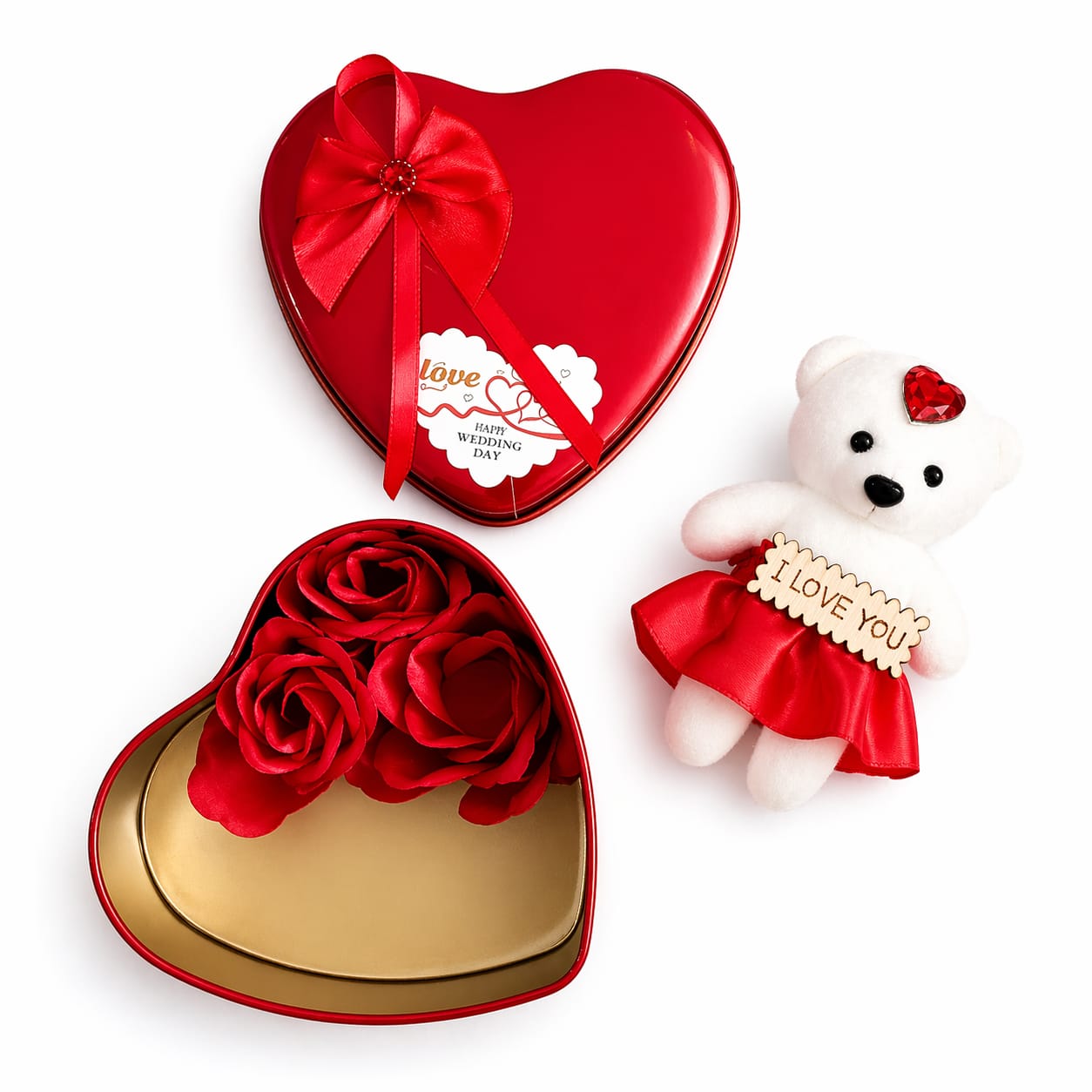 Golden Red Rose, Heart Shaped Valentine Gift Box with White Teddy, Red Roses
