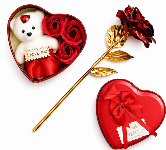 Golden Red Rose, Heart Shaped Valentine Gift Box with White Teddy, Red Roses