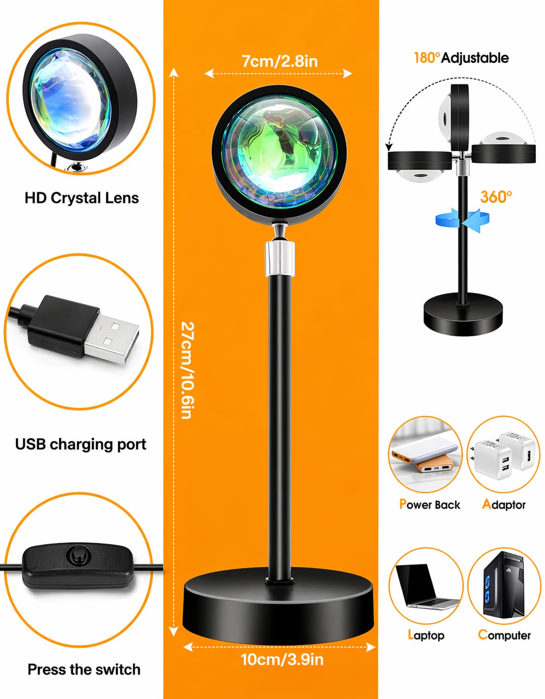 Sunset Lamp Projector 16 Color Led Light Desk Lamp Rainbow Night Light 360° Rotation
