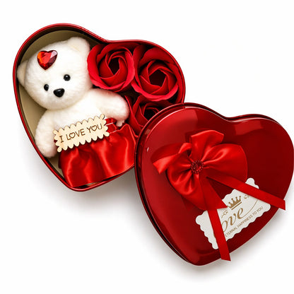 Golden Red Rose, Heart Shaped Valentine Gift Box with White Teddy, Red Roses
