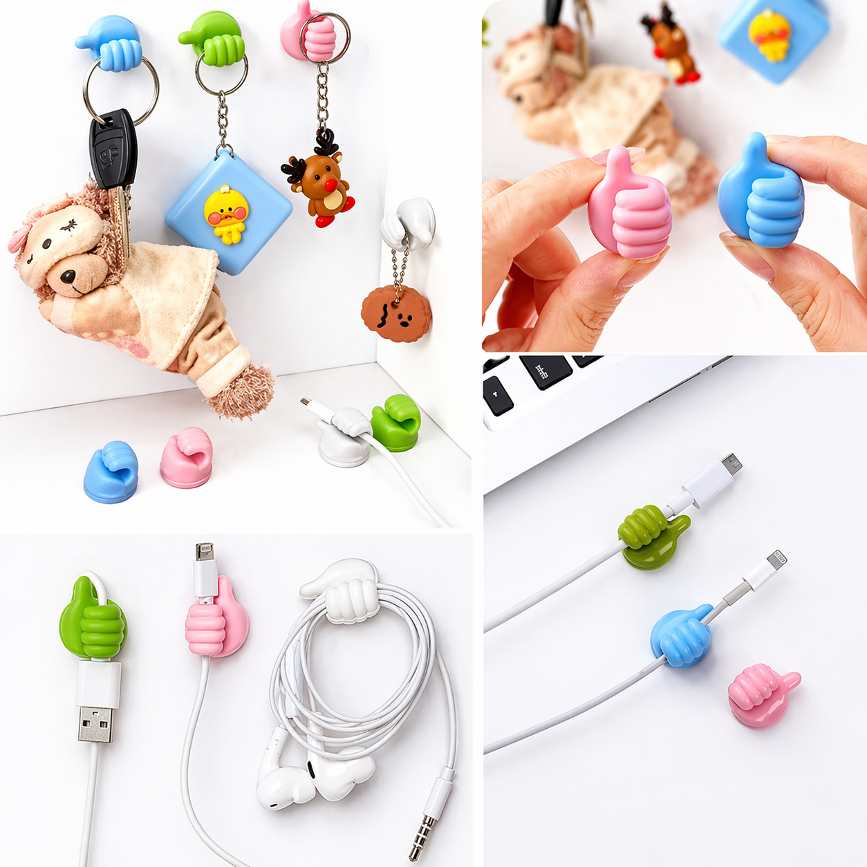 Thumb Wall Hook, Multifunction Self Adhesive Cable Organizer Clips Key Hanger, No Punching Nails-Free Utility Hooks Desk Wire Management, Multicolor (Pack of 10 Pcs)