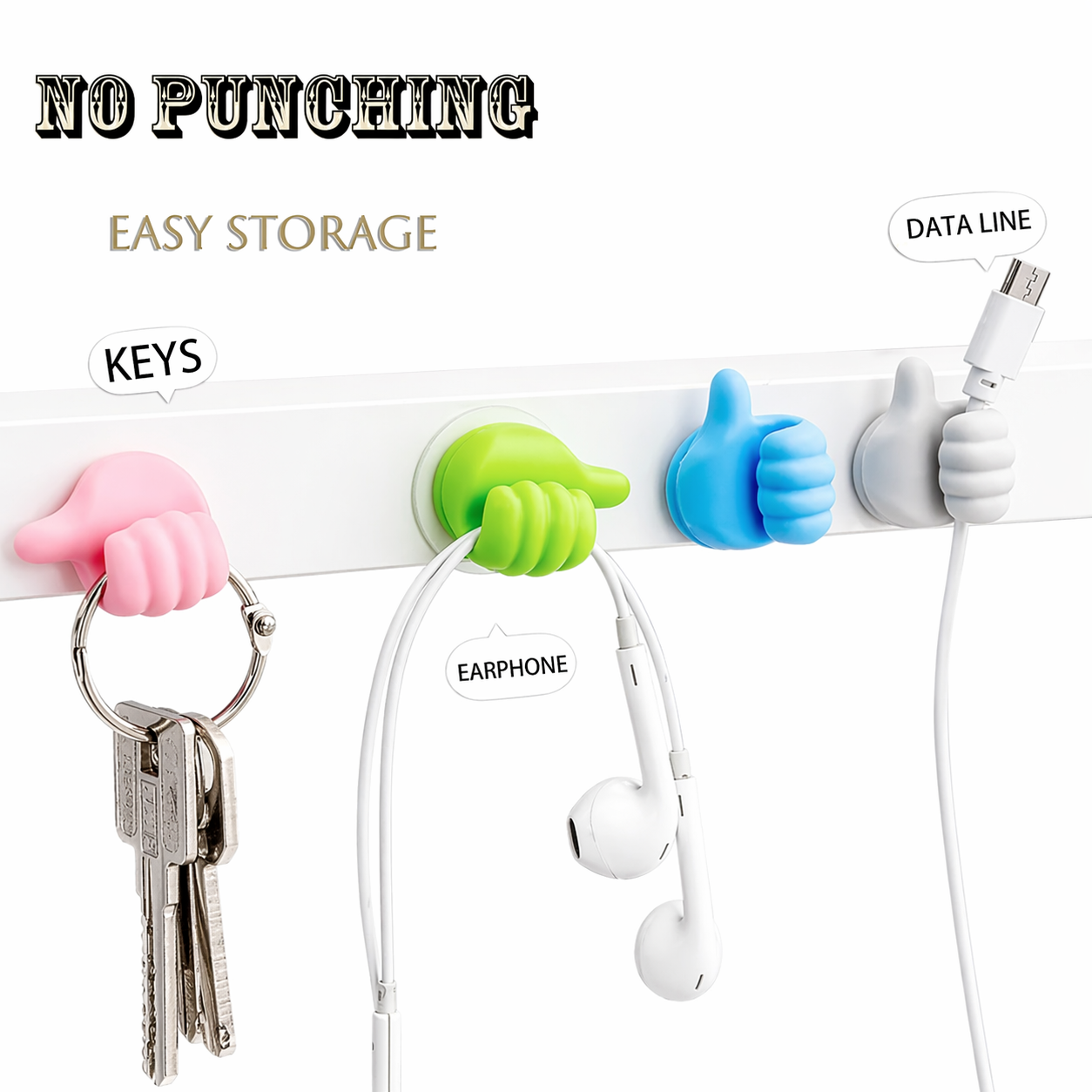 Thumb Wall Hook, Multifunction Self Adhesive Cable Organizer Clips Key Hanger, No Punching Nails-Free Utility Hooks Desk Wire Management, Multicolor (Pack of 10 Pcs)